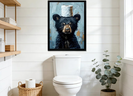 Framed Funny Black Bear Bathroom Canvas Wall Art Adorable Bear with Toilet Paper Painting picture Wall Decor Cute Animal Poster Print Artwork for Bathroom Modern Nursery Humor Home Decor 12x16 in