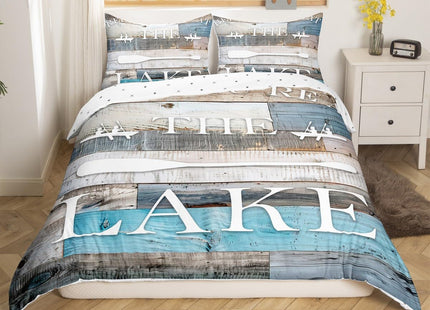 Lake House Bedding Set Rustic Farmhouse Duvet Cover Full Size Blue Grey Retro Wooden Comforter Cover 3pcs for Kids Adults Men Teens Bedroom Decor,Lake Life White Cabin Quilt Cover, (No Comforter)