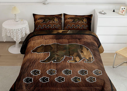 Camouflage Bear Full Size Comforter Set For Boys Men,Camo Woodland Animal Comforter Brown Bear Skin Bedding Sets Rustic Farmhouse Cabin Lodge,Soft Microfiber Quilt Duvet Insert 2 Pillow Cases