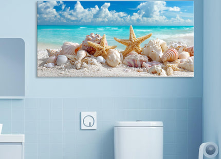 BewDalky Coastal Seashell Conch Canvas Wall Art Summer Beach Pictures Seaside Starfish Bathroom Wall Decor Modern Blue Ocean Theme Artwork Prints for Living Room Bedroom Home Decoration 23" x 46"