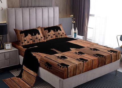 Black Bear Sheet Set Queen,Rustic Brown Farmhouse Wooden Board Bed Sheets Woodland Animal Bedding Sheets For Kids Boys Teens Men,Bear Paws Fitted Sheet + Countryside Flat Sheet + 2 Pillow Cases