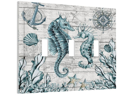 Seahorse Kelp Compass Anchor on Wooden Board 3 Gang Light Switch Covers Decorative Triple Toggle Wall Plate Electrical Faceplate Switchplate for Country Bathroom Bedroom Home Decor