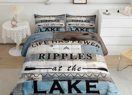 Homewish Lake Theme Comforter Set,Rustic Farmhouse Bedding Set for Kids Girls Women,Adults Lake Life Comforter,Wooden Barn Doors Quilted Duvet Set Bedroom Collection Twin Size 2Pcs