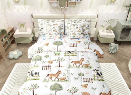 Erosebridal 7 Pcs Cute Farm Animals Kids Comforter Set Cartoon Horse Sheep Cow Pig Twin Bedding Set for Child Rustic Farmhouse Cabin Comforter Woodland Animal Trees Top Sheet for Boys Girls Bedroom