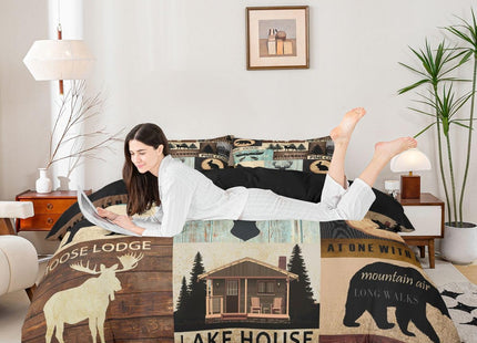 Hunting Woodland Animal Duvet Cover Full Rustic Fox Bear Deer Moose Bedding Set,Lake House Fishing Comforter Cover For Farmhouse Cabin Lodge,Countryside Wildlife Bed Set Brown Teal 2 Pillow Cases