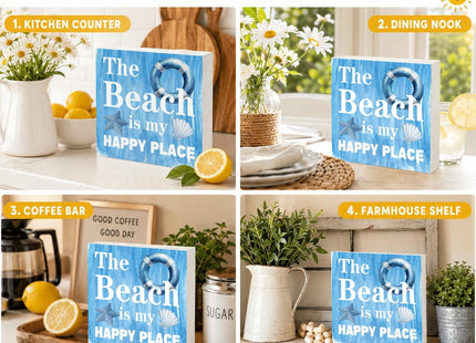 The Beach Is My Happy Place Wood Box Sign for Beach Lovers, Coastal Summer Home Decor, Starfish Seashell Tabletop Decoration for Beach House, Office Desk, Bathroom Shelf