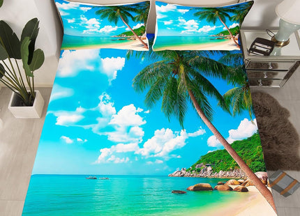 Erosebridal Ocean Beach Fitted Sheet Twin Size Palm Trees Bed Sheet Set Coastal Nature Theme Bed Cover for Kids Boys Girls Teens, Hawaiian Bedding Set, Blue White Room Dorm Decorative