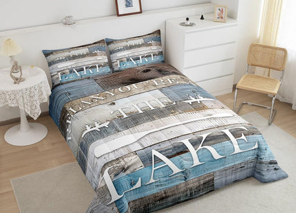 Homewish Lake House Comforter Set Rustic Farmhouse Bedding Set Queen Size Retro Wooden Blue Grey Quilt Set 3pcs Kids Adults Men Teens Cabin Room Decor,Lake Life White Cabin Bedspread,2 Pillowcases