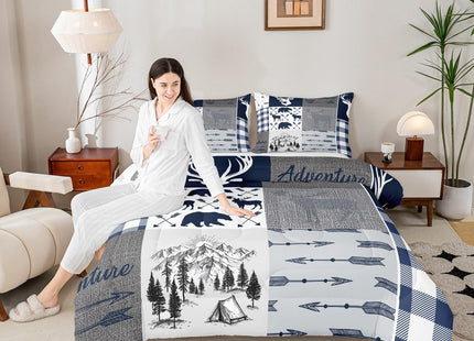 Erosebridal Camping Down Comforter for Kids, Deer Bear Comforter Set Queen Size Rustic Buffalo Plaid Patchwork Bedding Set for Teens Adult Bedroom, Lodge Woodland Wildlife Duvet Sets, Grey Blue