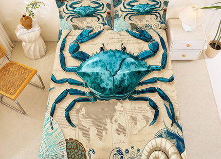 Erosebridal Sea Beach Theme Bed Sheet Set Kids Beach Crabs Print Bedding Set 3D Crab Luxury Microfiber Soft Fitted Sheet with 2 Pillow Shams, Soft Lightweight Marine Life Decorative Bed Cover,Full