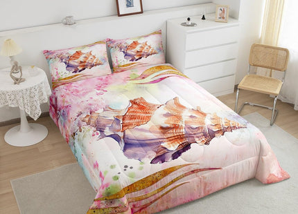Coastal Beach Bedding Set - King Size, Girls Cherry Blossoms Floral Comforter, Kids 3D Seashell Ocean Theme Bedding, Marine Life Room Decor, Japanese Style Quilted Set, Pink