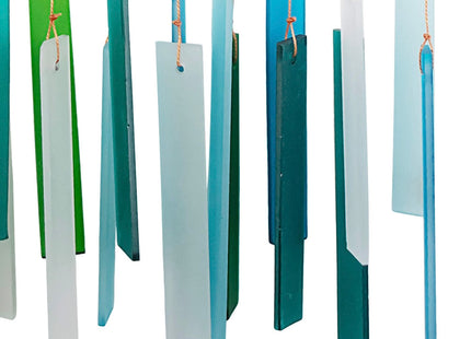 Ocean Blue Sea Glass Driftwood Wind Chime, Handcrafted Coastal, 15 Inch