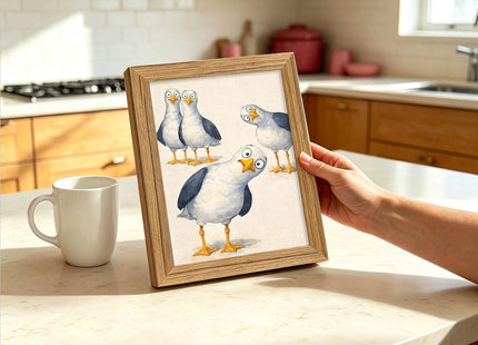 Framed Funny Seagull Wall Art Cute Bird Canvas Print Coastal Decor