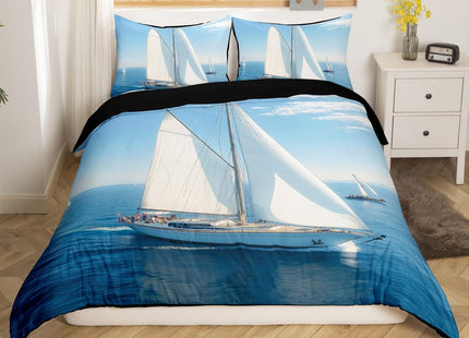 Erosebridal Sailing Boat Comforter Cover Nautical Bedding Set Sea Wave Print Duvet Cover Sea Landscape Bedspread Cover, Blue Breathable Decoration 1 Duvet Cover with 2 Pillow Cases Queen Size