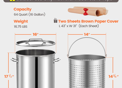 ARC 64 QT Stainless Steel Seafood Boil Pot with Basket and Two Brown Paper