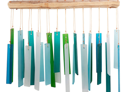 Ocean Blue Sea Glass Driftwood Wind Chime, Handcrafted Coastal, 15 Inch