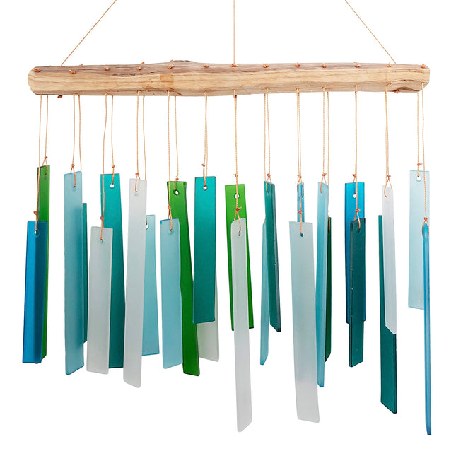Ocean Blue Sea Glass Driftwood Wind Chime, Handcrafted Coastal, 15 Inch