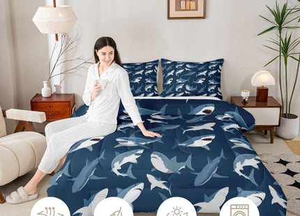 Boys Shark Bedding Set Ocean Sealife Comforter Set for Kids Youth Teens,Under Sea Marine Life Duvet Insert,Underwater World Creature Bed Quilt,Nautical Sea Animal Bedroom Decor Full Size Navy Blue