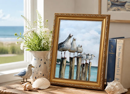 Gold Framed Seagull Canvas Wall Art Coastal Sea Birds Paintings Pictures Wall Decor Teal Ocean Beach posters prints Artwork for Living Room Bedroom Bathroom Home Decoration 9x11in