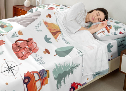 Kids Camper Car Bed Sheets Set King 4Pcs, Happy Camping Sheet Set, Travel Car Rv Accessories Sheets, Woodland Flowers Blossom Mountain Adventure Bed Set, Cute Camper Flat Fitted Sheet Bedroom Decor