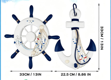 Meching 2 Pack 13" Nautical Beach Wooden Ship Wheel and 13" Wood Anchor with Rope Nautical Boat Steering Wheel Rudder Anchor Wall Decor Door Hanging Ornaments Beach Theme Home Wall Decoration