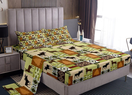 Erosebridal Rustic Boho Aztec Bed Sheets Full Woodland Moose Deer Sheet Set Southwestern Cabin Lodge Patchwork Bedding Set for Kids Adults Western Fitted Sheet Brown Green Flat Sheet 2 Pillow Cases