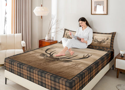 Castle Fairy Deer Antler Bed Sheet Set for Boys Girls,Rustic Farmhouse Wooden Board Barn Bed Sheet Set Full Size Bedding Set,Animal Retro Plaid Geometric Fitted Sheet and 1 Flat, 2 Pillow Sham
