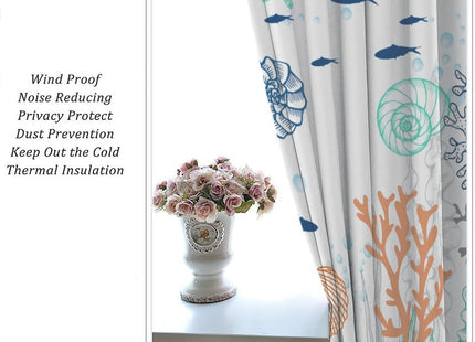 JanJCurt Nautical Coastal Curtains, Starfish Seashell Coral Beach Themed Drapes Ocean Orange Blue Teal Conch Print Window Treatments for Kitchen Living Room Bedroom, 42x45 Inch (No Blackout)