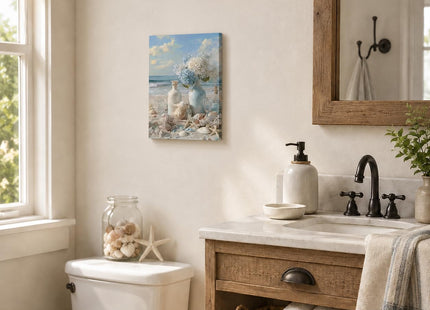 Blue Ocean Beach Bathroom Wall Art,Coastal Beach Hydrangea Seashell Wall Decor,Framed Nautical Canvas Print (Ready to Hang), for Living Room Bedroom Bathroom Beach House Home Decoration 12x16in