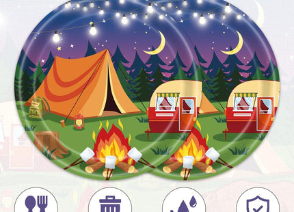 Frypeas 40pcs Camping Party Supplies Campfire Hiking Camper Theme Birthday Paper Plates and Napkins Set for Boys Kids Campfire Barbecue Birthday Party