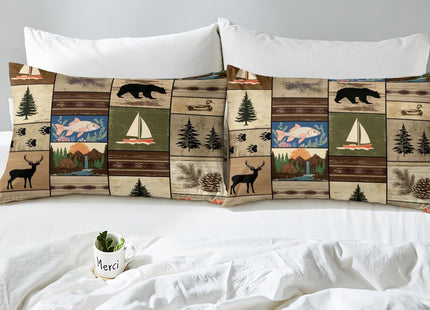 Erosebridal Retro Brown Cabin Duvet Cover,Patchwork Woodland Bear Deer Bedding Sets for Rustic Lodge,Farmhouse Wooden Wild Animal Comforter Cover for Boys Adults Men,Fish Duck Boat Bed Set Zipper