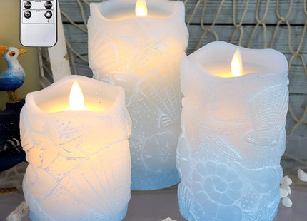 MELTONE Ocean Decor Fireplace Candles Remote: Shell Starfish Decals Real Wax LED Battery Operated Candles for Home Party Christmas Bedroom Nautical Room Decorations - Set of 3