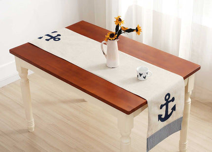 DECOPOW Embroidered Anchor Linen Table Runner ,14 Inches x 72 Inches (Navy Stripe)