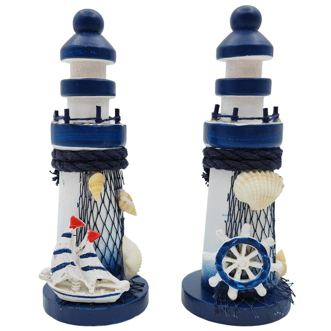 AzsVbvs 2 PCS Mini Lighthouse Decor, Handcrafted Wooden Miniature Lighthouse Model, Mediterranean Style Ornament, Ocean Tabletop Light House Decorations for Home