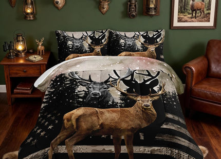 HOSIMA Snowy Forest Deer Comforter Set with 2 Pillowcases,Camo American Flag Twin Bed in a Bag Hunting Bedding Set for Teen Mens Bedroom Essentials,Wildlife Elk Comforter Boys Room Decor.