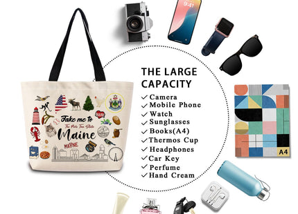 ZhuVantrix Take Me To Maine Tote Bag Reusable Grocery Bags Aesthetic Shopping Shoulder Handbag with Interior Pocket Lightweight & Washable Stylish Maine Travel Present for Women