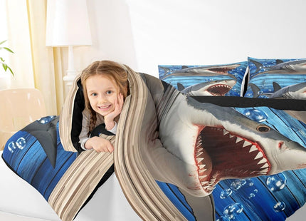 Erosebridal Kids Shark Comforter Set Full,3D Printed Shark Bedding Set Teens Funny Fish Quilt Set Blue Ocean Sealife Down Comforter,Wooden Stripes Bedroom Decor Children's Day Gifts for Boys