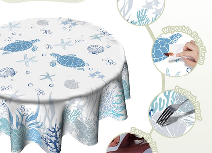 Imiss Sea Turtle Beach Round Tablecloth 60 Inch Nautical Themed Coral Starfish Seashell Table Cloth Washable Polyester Reusable Table Cover for Dining Party Picnic Holiday