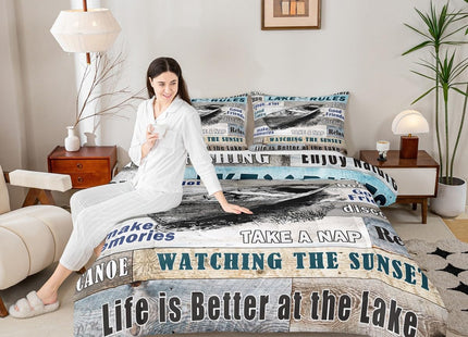 Manfei Lake House Theme Kids Comforter Set Twin Size,Boating Fishing Happy Camping Bedding Set,Girls Boys Adults Room Decor,Old Wooden Board Down Comforter,Rustic Farmhouse Duvet Insert,1 Pillowcase