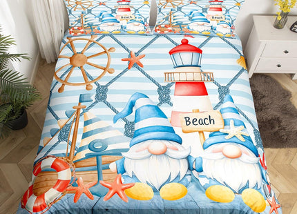 Ocean Nautical Bedding Set King Size Blue Sea Themed Xmas Gnome Duvet Cover for Boys Kids Girls Room Decor Cartoon Starfish Anchor Rudder Stripes Comforter Cover Rustic Farmhouse Quilt Cover 3pcs