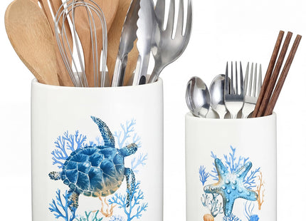 Bokon 2 Pack Ceramic Utensil Holder, Coastal Kitchen Crocks, Sea Turtle