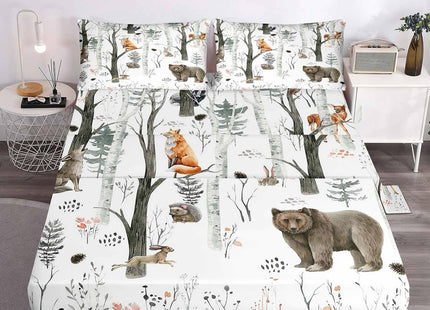 LUVIVIHOME 4PCS Woodland Animals Sheets Set, Queen Bed Sheets, White Sheets, Boys Girls Kids Bedding, Bear Deer Fox Forest Animal Lodge Cabin Bedding Set, 1 Fitted Sheet & 1 Flat Sheet & 2 Pillowcases