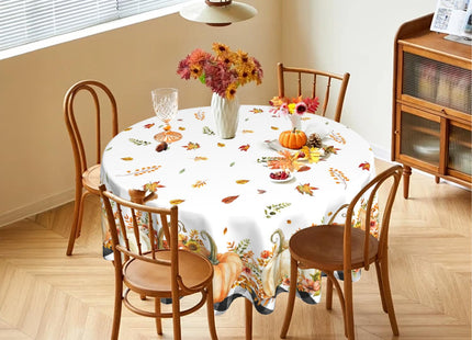 Fall Pumpkin Round Tablecloth 60 Inch Polyester Maple Leaf Kitchen Decor