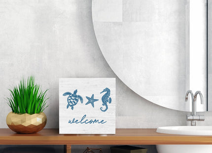 JRTW Welcome Rustic Summer Beach Wood Box Sign, 5x5 inches, Modern Starfish Theme, Tabletop Mount, Home & Office Decor