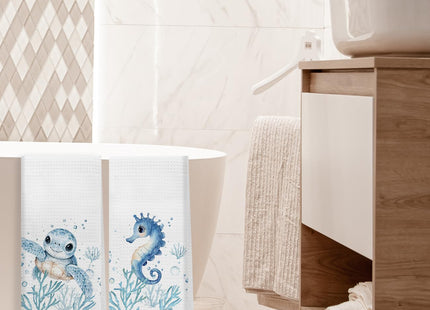 XUNLURY Sea Turtle Horse Coastal Kitchen Towels, Beach Nautical Hand Towels for Bathroom, Ocean Animal Decorative Dish Tea Towels for Kitchen, Under The Sea Bathroom Decor, 16x24 Inch Set of 2