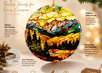Mountain Landscape Christmas Ornament, Rustic Cabin Decor with Forest Pine Trees Lake Scenery, Tiffany Stained Glass Inspired Outdoor Adventure Hanging Decoration, Nature Lover Gift for Christmas Tree