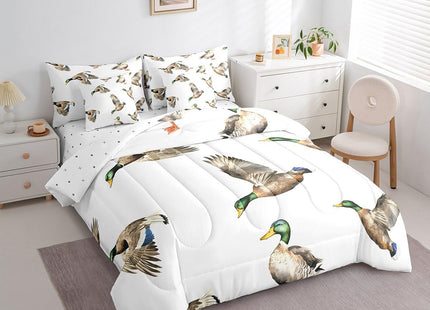 Feelyou Mallard Duck 7 Pieces Bed in a Bag Set Hunting and Fishing 7 PCS Comforter Set with Sheets Wild Animal Bed in a Bag for Boys Girls Kids Wildlife White Comforter Set with Sheets Queen Size