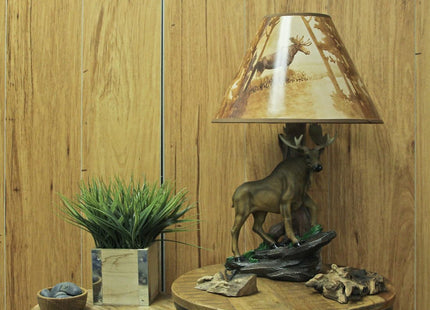 North American Bull Moose Table Lamp with a 12-Inch Diameter Forest Print Shade- Wildlife Decor - Perfect for Living Rooms, Cabins, and Bedrooms - 20 Inches Tall