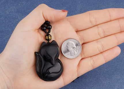 VIKCAUX Obsidian Fox Necklace Natural Fox Talisman Pendant with Extended Bead Chain Lucky Fox Necklace Jewelry Gift for Women Men