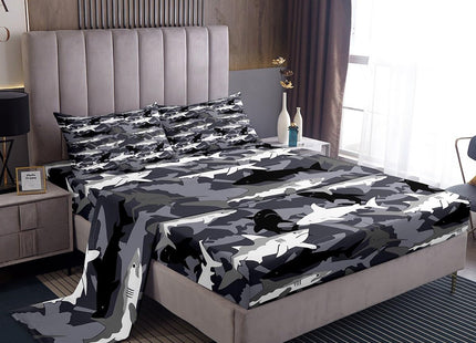 Erosebridal Boys Camo Sharks Bed Sheets Queen,Kids Black White Grey Camouflage Sheet Set Deep Ocean Animal Bedding Set,Soft Microfiber Cool Wildlife Fitted Sheet + Flat Sheet + 2 Pillow Cases